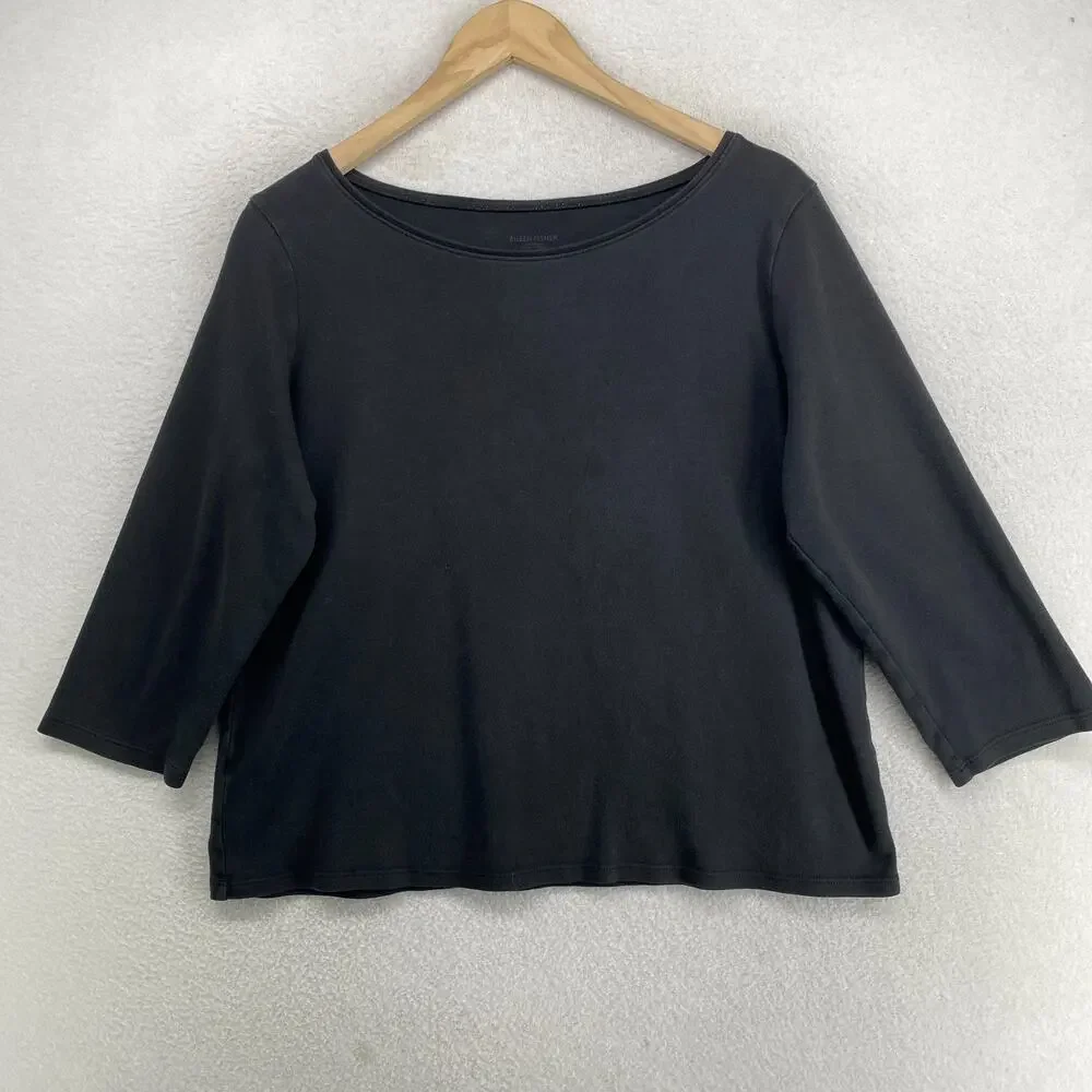 EILEEN FISHER Top L Organic Cotton Interlock Jersey Boat Neck 3/4 Sleeve Black